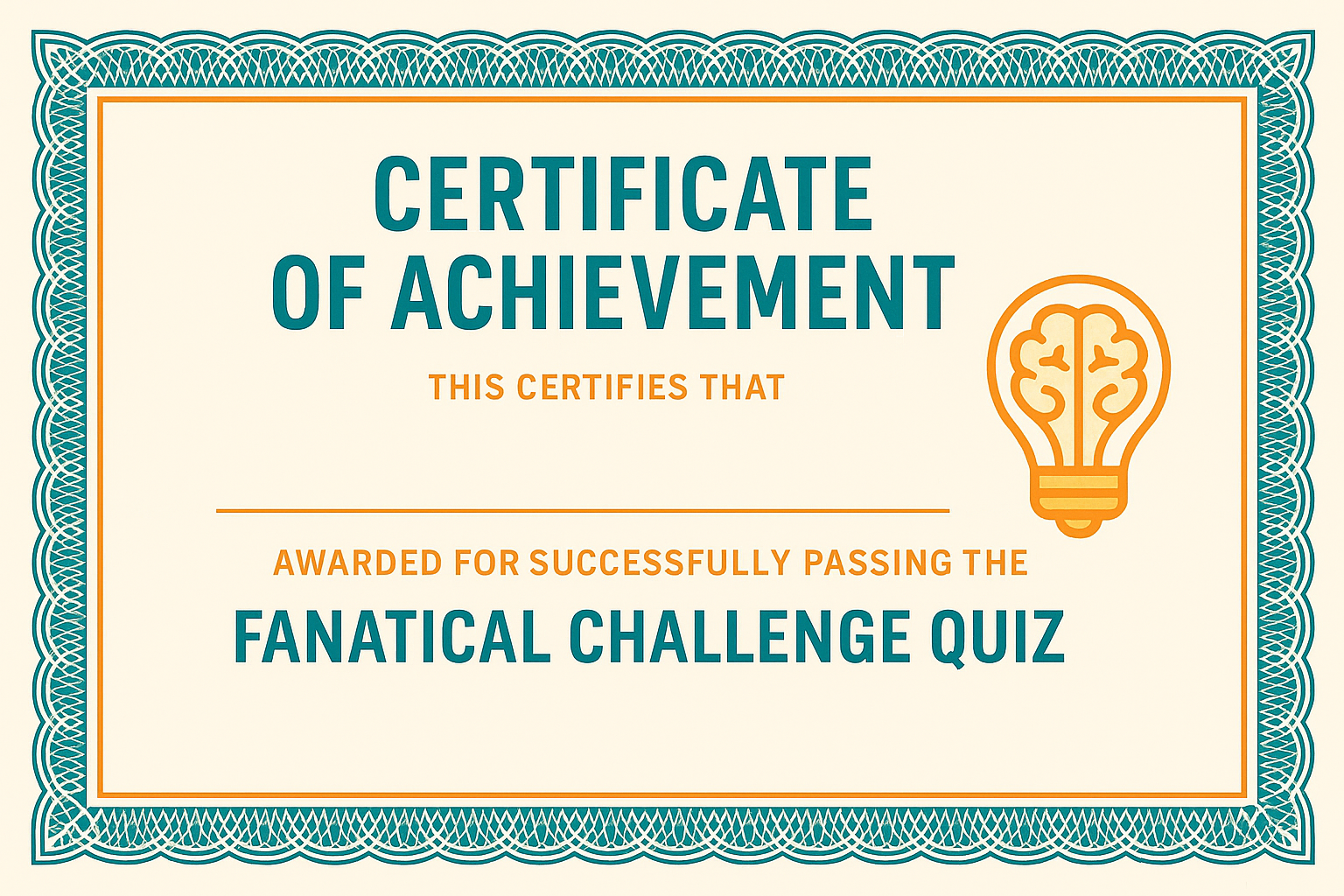 Certificate background with decorative border and centered layout for Fanatical Challenge Quiz achievement.