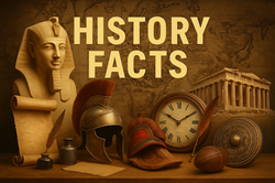 Historical collage illustration linking to History Facts on FanaticalFacts.com featuring artifacts, landmarks, and famous figures