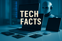 Futuristic technology illustration linking to Technology Facts on FanaticalFacts.com with icons of chips, robots, and devices