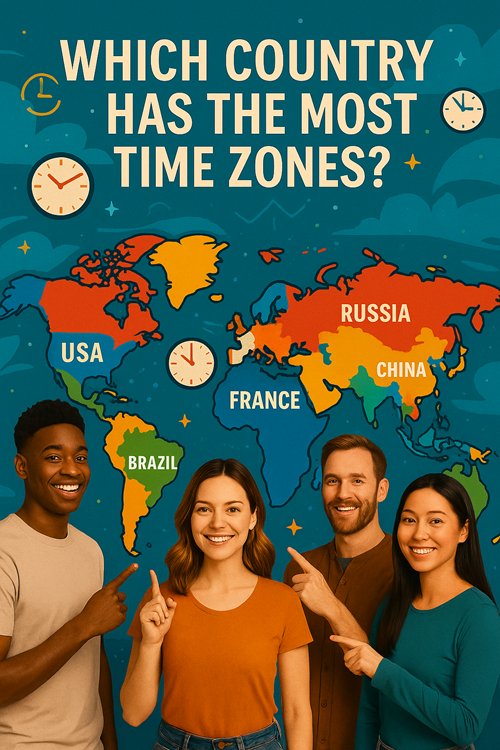 Diverse group of four young adults standing in front of a colorful world map labeled with USA, Brazil, France, China, and Russia, with clocks and the question 'Which country has the most time zones?'
