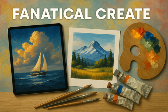 Mixed media artwork display featuring digital and traditional painting tools with "Fanatical Create" text on a vibrant background.
