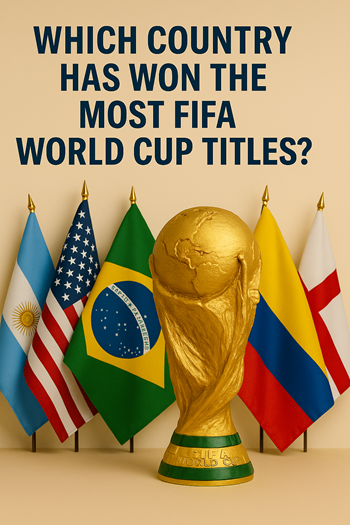 Photorealistic image of the FIFA World Cup trophy in front of five national flags: Brazil, Argentina, USA, Colombia, and England