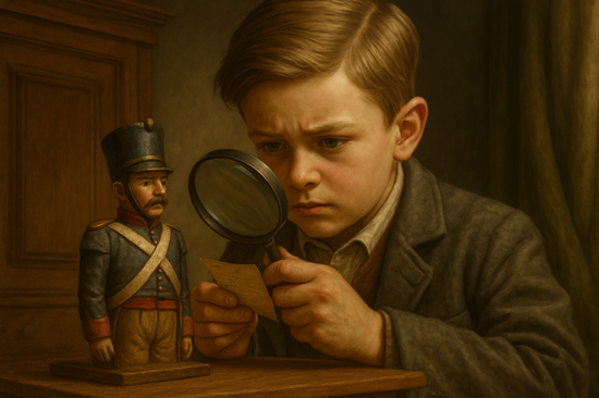 Photorealistic History Facts image of a young boy examining a hidden message inside a toy soldier
