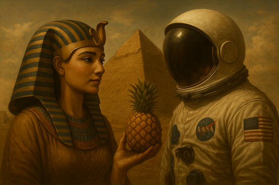 Photorealistic History Facts image of Cleopatra and an astronaut standing near a pyramid holding a pineapple