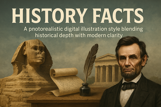 Photorealistic History Facts illustration with Abraham Lincoln, the Great Sphinx, and ancient artifacts