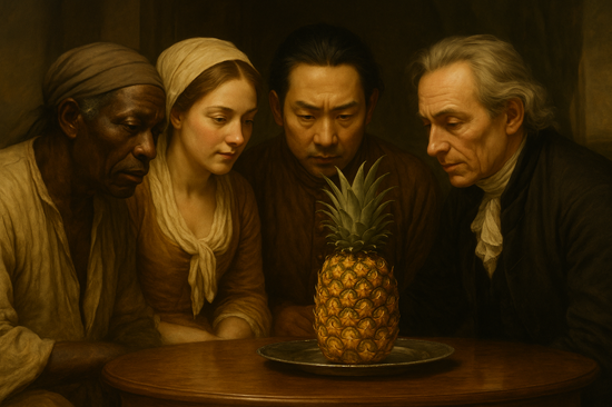 Photorealistic History Facts image of a diverse group admiring a pineapple as a symbol of status