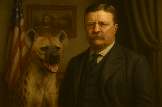 Photorealistic History Facts image of President Theodore Roosevelt with his pet hyena