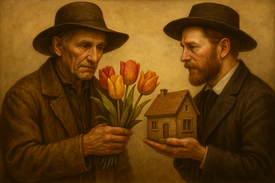 Photorealistic History Facts image of a man trading tulips for a house during Tulip Mania