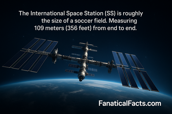 Photorealistic image of the International Space Station orbiting Earth, illustrating a space fact about its size compared to a soccer field.
