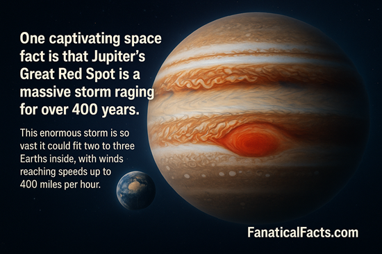 Photorealistic image of Jupiter’s Great Red Spot alongside Earth, illustrating a space fact about the 400-year-old storm’s immense size and power.
