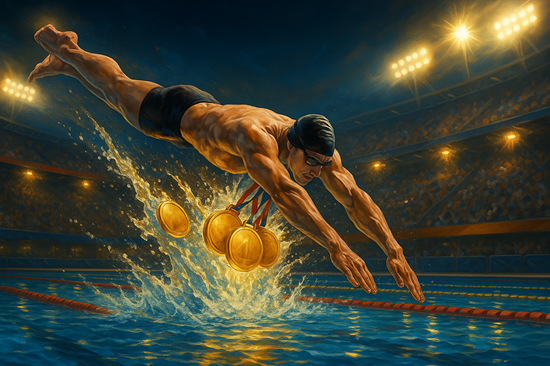 Photorealistic digital illustration of a swimmer diving into a pool with multiple gold medals, symbolizing the most Olympic gold medals in sports facts.