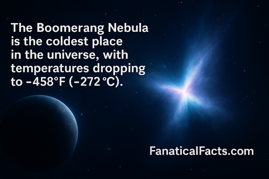 Cinematic image of the Boomerang Nebula—the coldest place in the universe—highlighting a space fact about its extreme temperature of -458°F (-272°C).