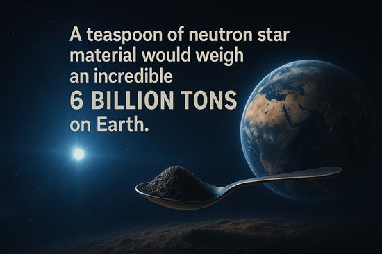 Illustration showing a spoon filled with neutron star material next to Earth, demonstrating a space fact about extreme density and mass.