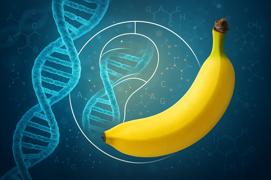 Banana and DNA strand blended in a scientific diagram – visualizing shared genetic material across species