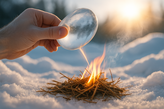 Using a clear ice lens to start a fire in snow with focused sunlight – Science Facts image