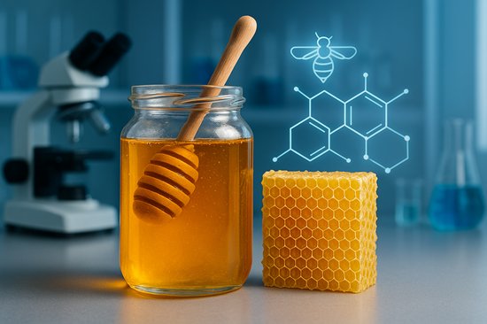 Jar of honey and honeycomb in a lab with microscope and molecular diagram – science fact about honey never spoiling