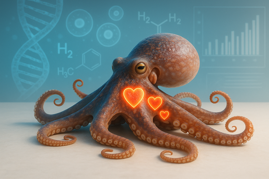 Photorealistic digital illustration of an octopus with three glowing hearts in a scientific setting, representing a fascinating ocean science fact