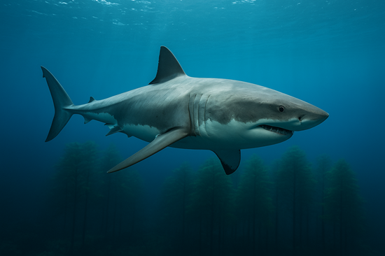Great white shark swimming in deep ocean above ancient underwater forest – science fact visual