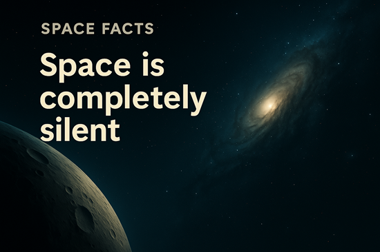 Stylized image showing a silent cosmic scene with stars, a galaxy, and part of a moon—representing the space fact that space is completely silent.