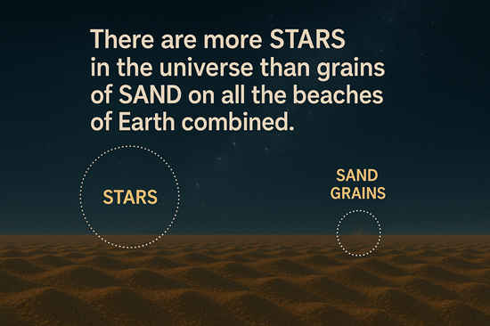 Illustration comparing the number of stars in the universe to grains of sand on Earth, highlighting a space fact with labeled circles for stars and sand grains.