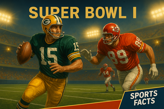 Photorealistic digital illustration of football players from the first Super Bowl, symbolizing the origins of the NFL championship for sports facts.
