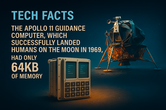 Technology Facts – A photorealistic digital illustration of the Apollo 11 Guidance Computer with vibrant tech-themed background, highlighting its 64KB memory during the 1969 Moon landing.
