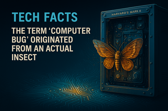 Technology Facts – The origin of the term “computer bug” illustrated with Harvard’s Mark II computer and a literal moth causing a malfunction in a photorealistic tech-style design.