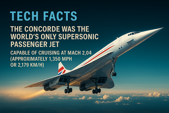Technology Facts – Photorealistic digital illustration of the Concorde, the world’s only supersonic passenger jet, capable of cruising at Mach 2.04.