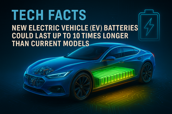 Technology Facts – Photorealistic illustration of a next-generation electric vehicle (EV) with advanced battery system, emphasizing durability and futuristic tech design.