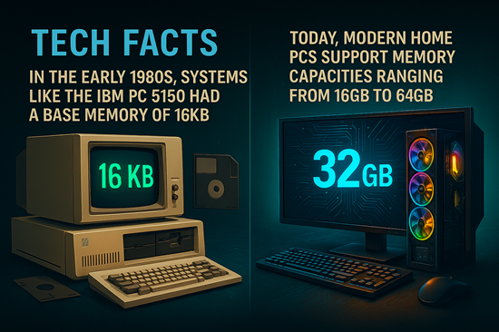 Technology Facts – Photorealistic digital illustration comparing the 1980s IBM PC 5150 with modern computers, highlighting the leap from 16KB to 64GB of memory.