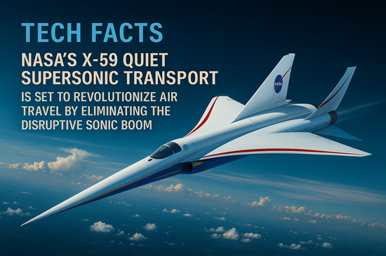 Technology Facts – Photorealistic digital illustration of NASA’s X-59 Quiet Supersonic Transport in flight, designed to eliminate the sonic boom and revolutionize air travel.