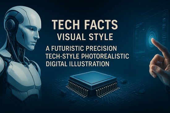 Technology Facts – Visual style intro image showing a photorealistic digital illustration with futuristic precision tech elements including a robot, microchip, and holographic interface.