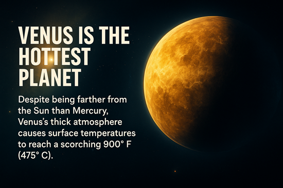 Photorealistic image of Venus glowing in space with a space fact about its extreme surface temperatures caused by a thick atmosphere.