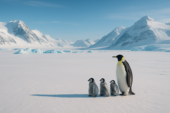 Emperor penguin and chicks in Antarctica’s icy desert – World Facts illustration
