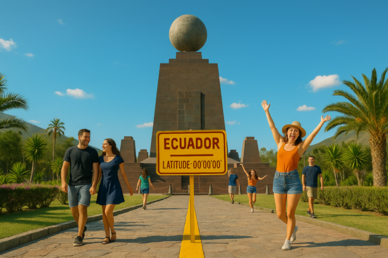 Visitors celebrating at the Equator monument in Ecuador under clear skies – World Facts image