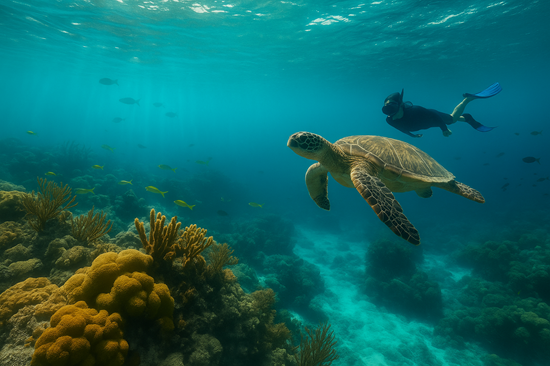 Sea turtle and snorkeler swimming above coral reef in clear Caribbean waters – World Facts image