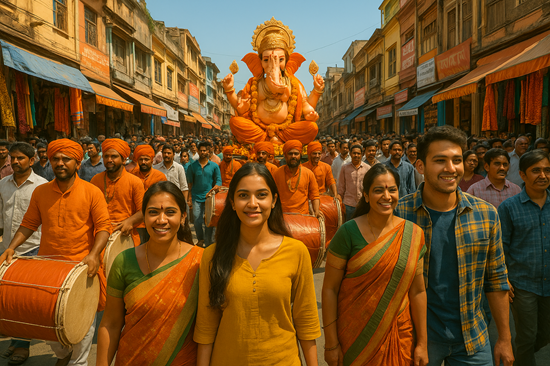 Colorful crowd celebrating in an Indian street festival with Ganesha statue – World Facts image