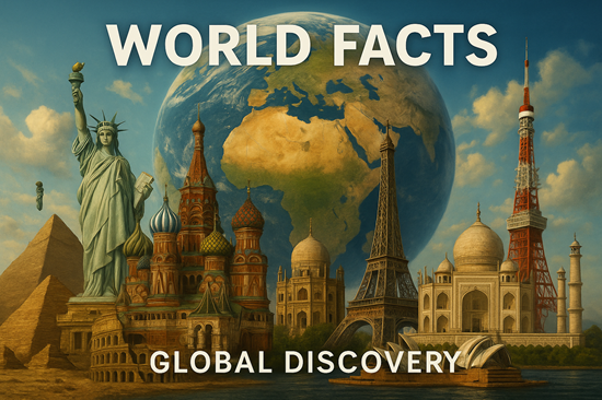 Photorealistic digital illustration of global landmarks and cultures in the World Facts visual style