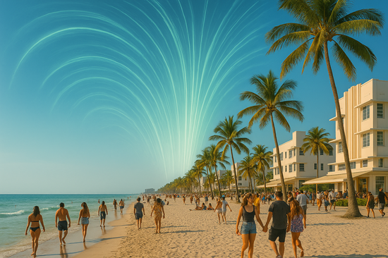 People walking on Miami Beach under glowing sky arcs representing Earth’s magnetic field – World Facts image