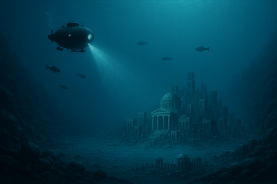 Ancient sunken city illuminated by submersible in deep ocean – World Facts image