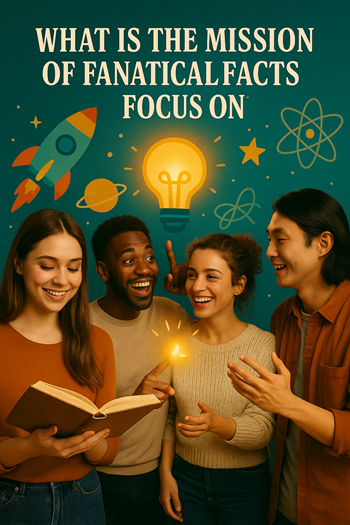 Photorealistic image of four diverse young adults smiling in a colorful, imaginative environment, with the quiz question “What is the mission of FanaticalFacts.com?”