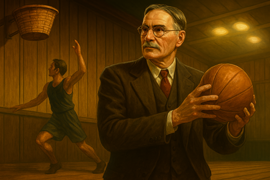 Realistic illustration of Dr. James Naismith holding a basketball inside a vintage gymnasium, symbolizing the invention of basketball in 1891.
