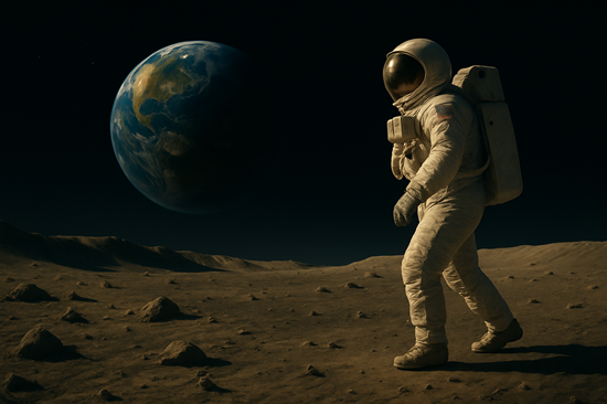Astronaut standing on the Moon with Earth in the background, representing the only sport ever played on the lunar surface.