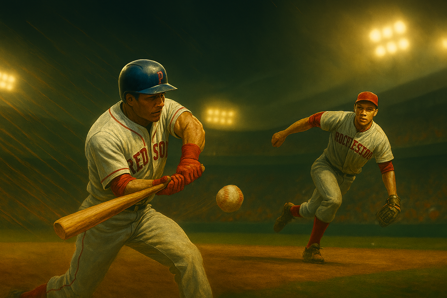 Two professional baseball players in action during a dramatic game, captured in a photorealistic stadium setting with dynamic motion, inspired by the record-breaking 33-inning matchup between the Pawtucket Red Sox and Rochester Red Wings in 1981.