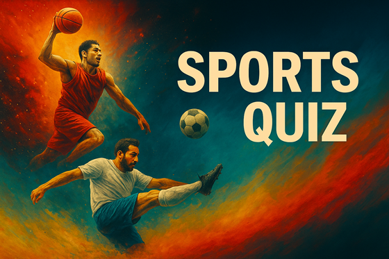 Dynamic sports quiz cover image featuring action-packed scenes with basketball and soccer athletes in a photorealistic, high-energy digital style.