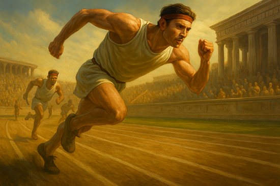 Ancient Olympic athletes sprinting in a classical stadium during the first recorded Olympic Games in 776 BC