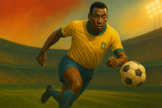 A digital painting in realism style depicts a soccer player in motion during a match, wearing a yellow jersey and dribbling a ball under stadium lights.