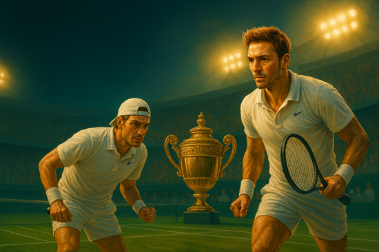 Realistic digital illustration of two male tennis players in action on a stadium court with bright lights and a championship trophy, referencing the longest tennis match in history