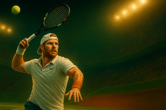 A digital painting of a tennis player mid-serve in a brightly lit stadium, representing the fastest tennis serve ever recorded.